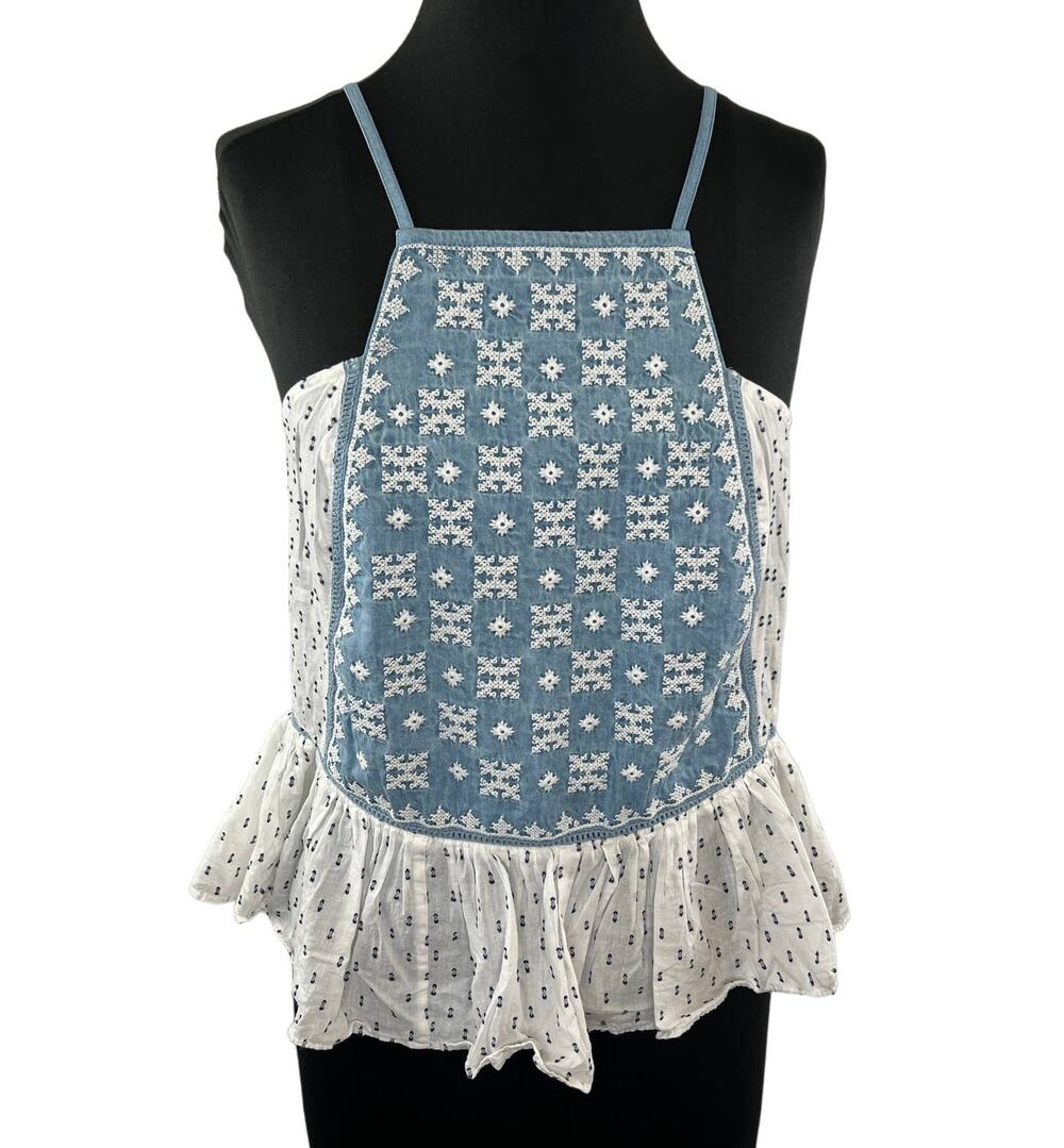 JACHS Girlfriend Blue White Embroidered Cotton Ruffled Apron Tank Top Strappy M